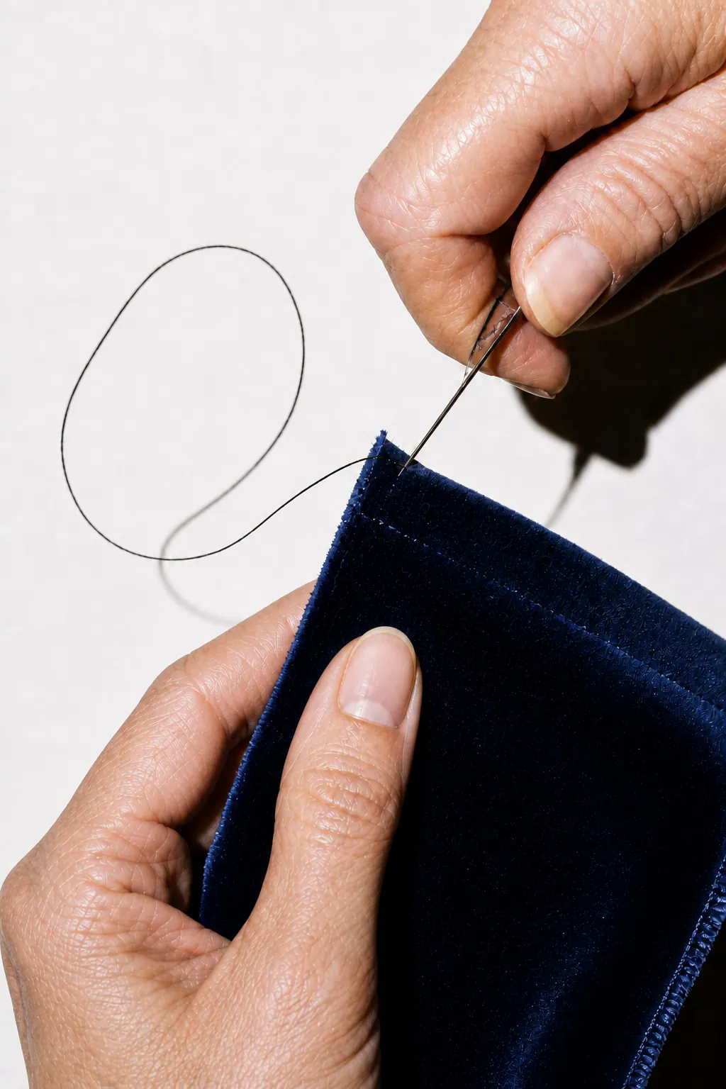 Hands stitching navy velvet with needle and thread
